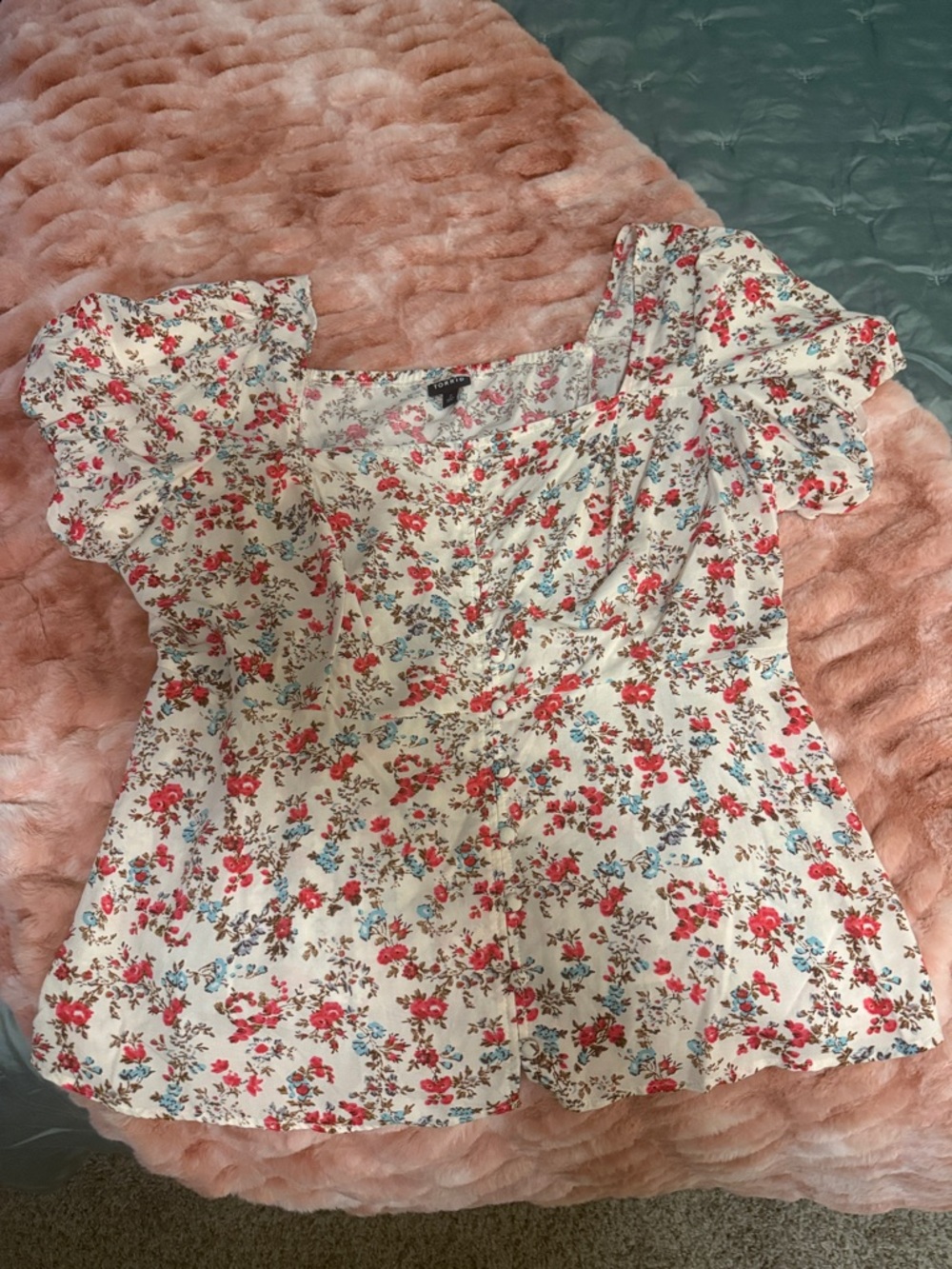 torrid Cream Floral Puff-Sleeve Button Front Top